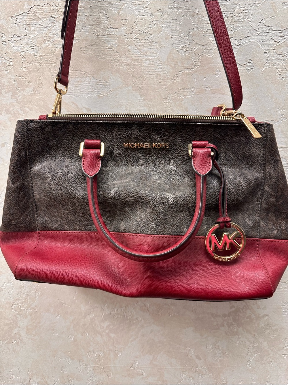 Michael Kors Brown and Red Leather Satchel with Gold Hardware